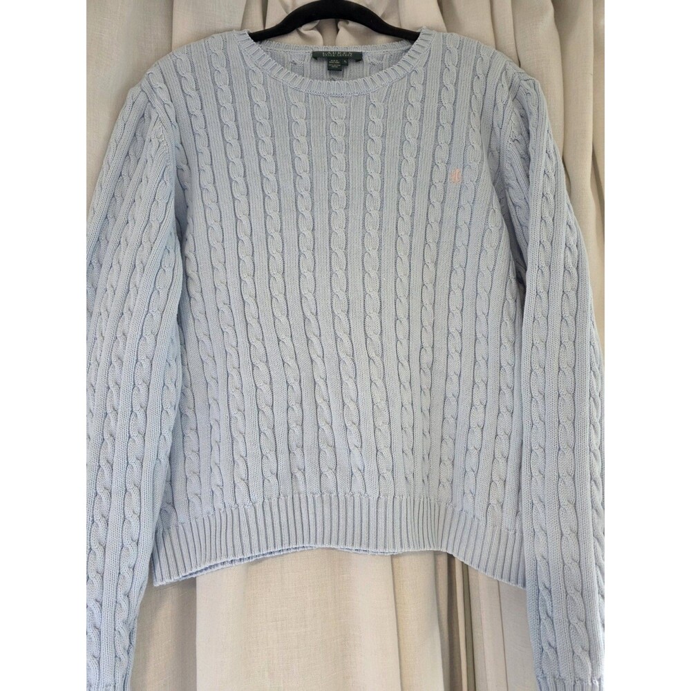 Vintage Ralph Lauren Womens Cotton Cable Knit Crew Neck Sweater RLL Logo Sky Blu